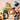 Collection of colorful crochet animals on a beige background